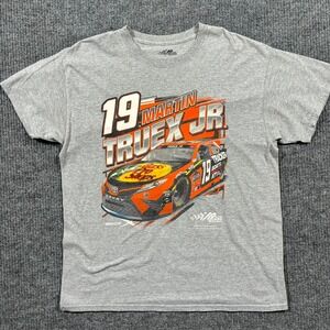 NASCAR Martin Truex Jr 19 T Shirt Mens Size L Gray Graphic Tee Joe Gibbs Racing